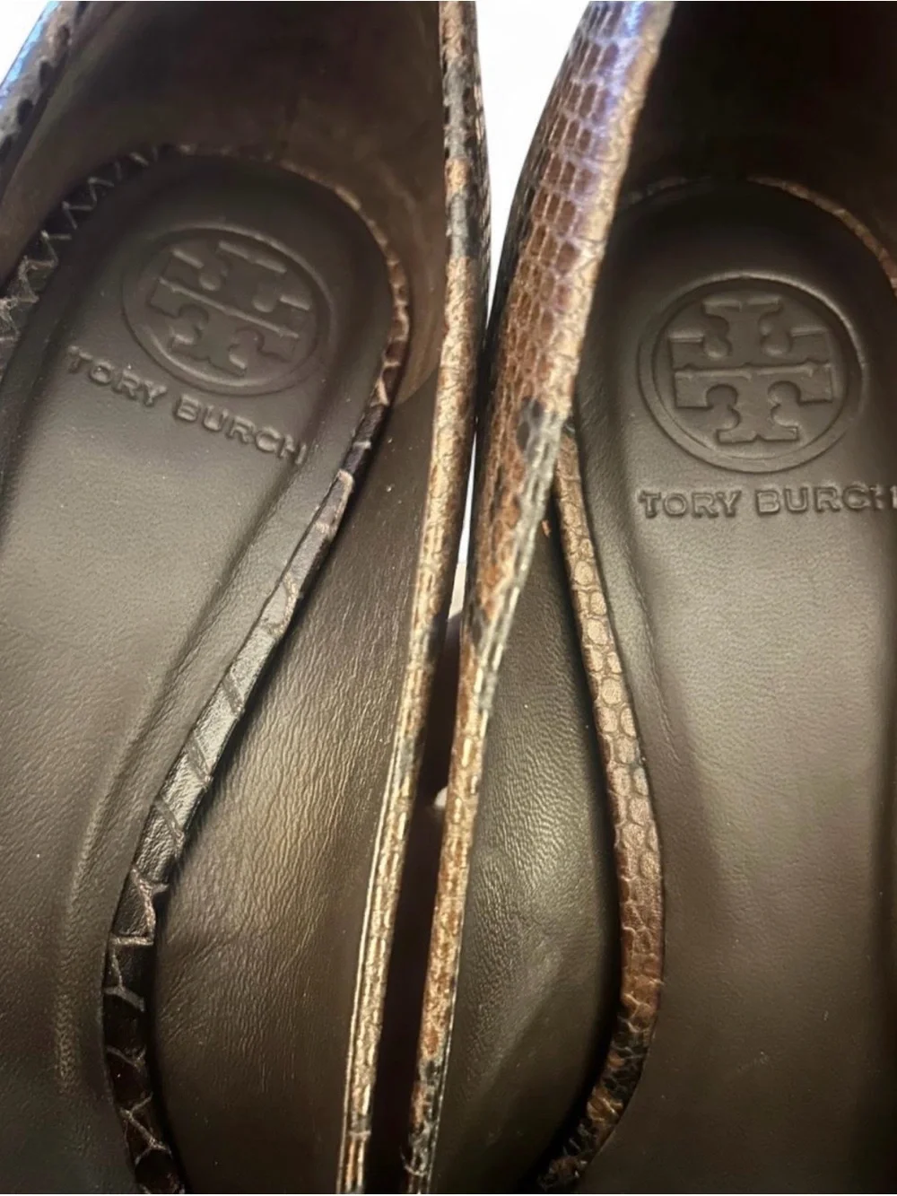 Tory Burch Jude Brown Snake Print Pumps with Gold Logo Heels